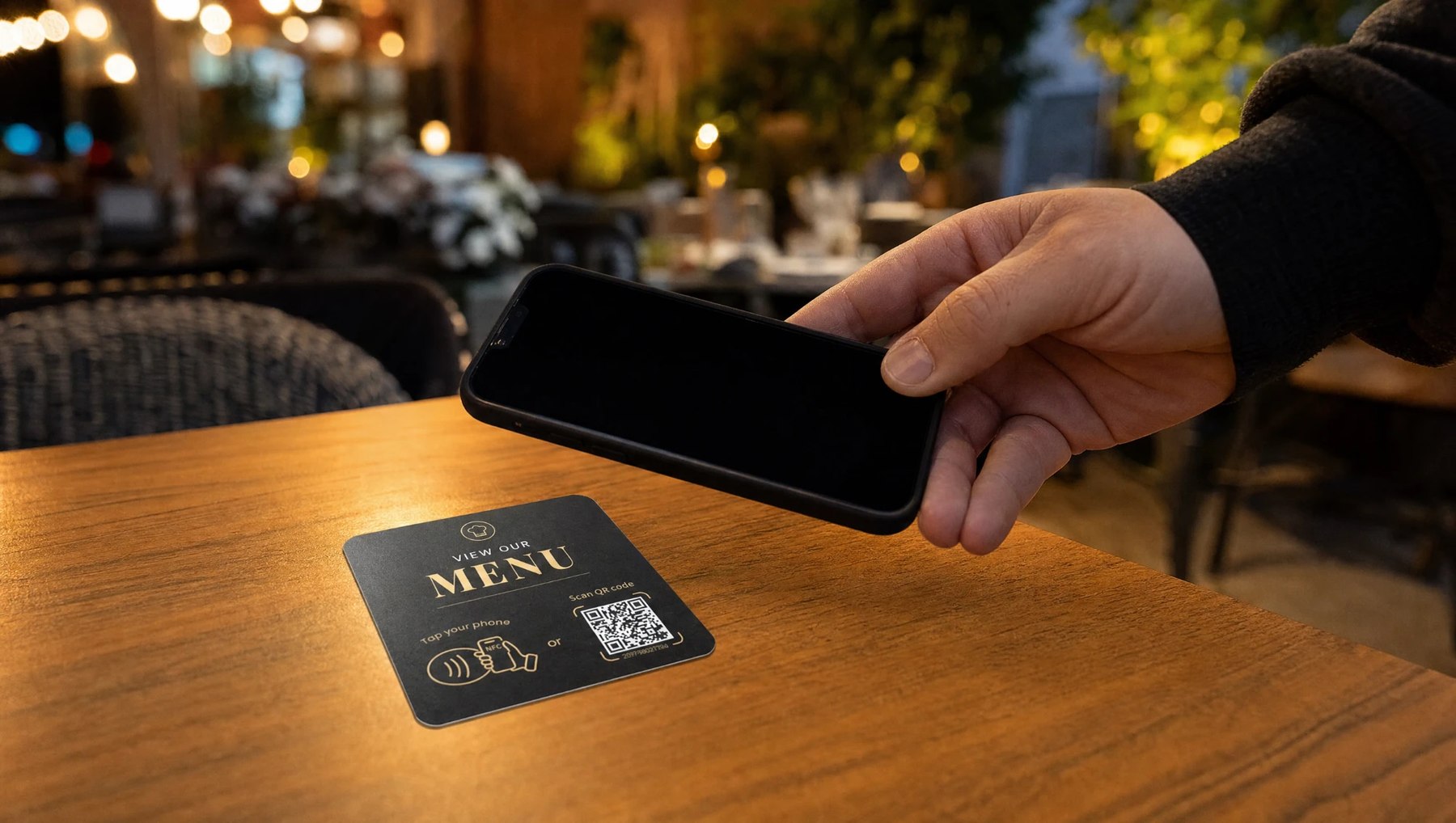 A hand holding a phone over a custom NFC menu plate on a restaurant table, mid-tap
