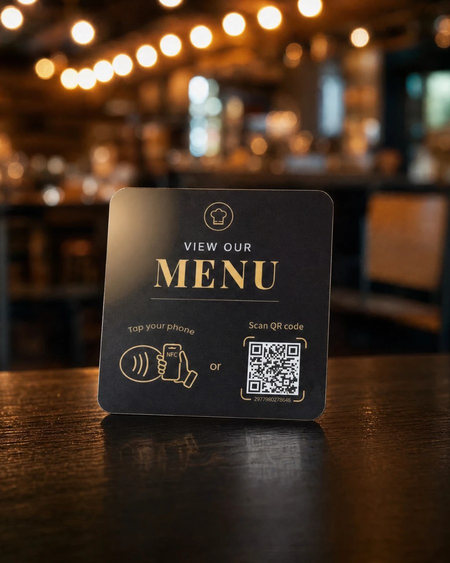 A custom black and gold NFC tap menu plate standing on a bar table, string lights blurred behind it